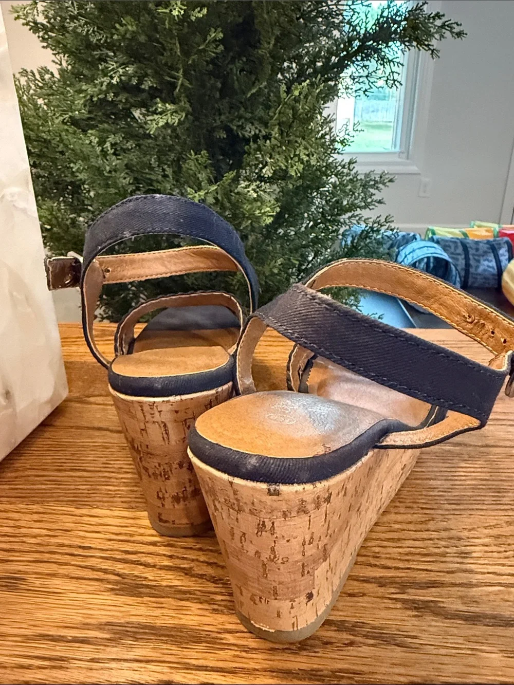 Braided Navy Wedge Sandals with Ankle Strap - Women